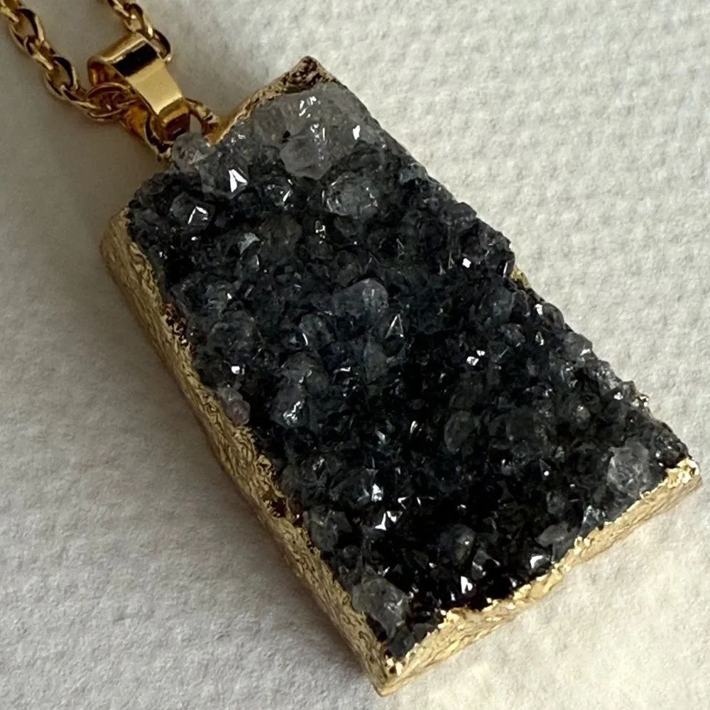 Black Druzy Quartz Pendant Necklace - Rough Crystal Nugget with Gilded Edge